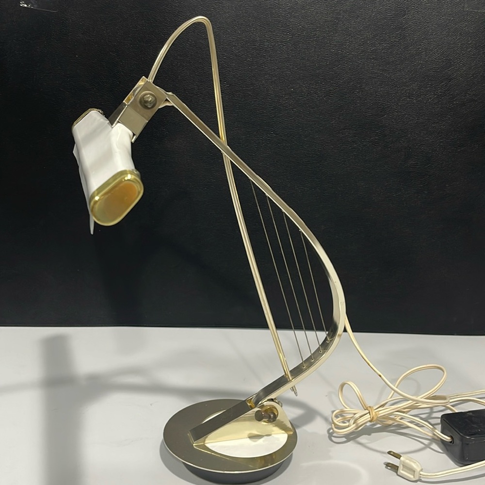 Mid Century Modern 1960s Cannon Harp Piano Desk Lamp White Brass Vintage
